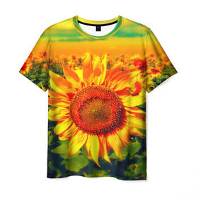Мужская футболка 3D с принтом Подсолнухи в Санкт-Петербурге, 100% полиэфир | прямой крой, круглый вырез горловины, длина до линии бедер | лето | подсолнух | солнце | цветы