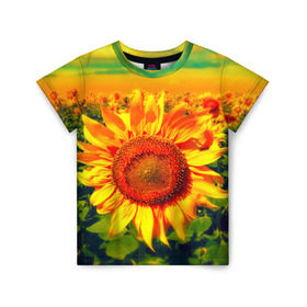 Детская футболка 3D с принтом Подсолнухи в Санкт-Петербурге, 100% гипоаллергенный полиэфир | прямой крой, круглый вырез горловины, длина до линии бедер, чуть спущенное плечо, ткань немного тянется | лето | подсолнух | солнце | цветы