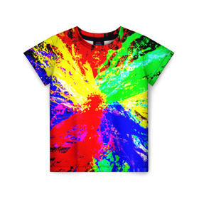 Детская футболка 3D с принтом Взрыв цветов в Санкт-Петербурге, 100% гипоаллергенный полиэфир | прямой крой, круглый вырез горловины, длина до линии бедер, чуть спущенное плечо, ткань немного тянется | Тематика изображения на принте: брызги | краски | разноцветный | яркий