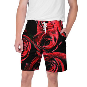 Мужские шорты 3D с принтом Розы в Санкт-Петербурге,  полиэстер 100% | прямой крой, два кармана без застежек по бокам. Мягкая трикотажная резинка на поясе, внутри которой широкие завязки. Длина чуть выше колен | алый | красный | роса | фото | цветы