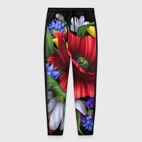 Мужские брюки 3D с принтом Композиция цветов в Санкт-Петербурге, 100% полиэстер | манжеты по низу, эластичный пояс регулируется шнурком, по бокам два кармана без застежек, внутренняя часть кармана из мелкой сетки | композиция | мак | ромашки | цветы