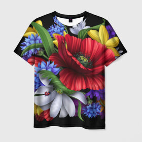 Мужская футболка 3D с принтом Композиция цветов в Санкт-Петербурге, 100% полиэфир | прямой крой, круглый вырез горловины, длина до линии бедер | композиция | мак | ромашки | цветы