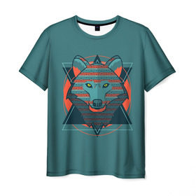 Мужская футболка 3D с принтом Волк в Санкт-Петербурге, 100% полиэфир | прямой крой, круглый вырез горловины, длина до линии бедер | Тематика изображения на принте: арт | волк | глаза | искусство | красный | синий | стилизация | треугольники | цвет