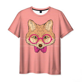 Мужская футболка 3D с принтом Лиса в Санкт-Петербурге, 100% полиэфир | прямой крой, круглый вырез горловины, длина до линии бедер | бантик | белый | горошек | жёлтый | коричневый | красный | лиса в очках | оранжевый | очки | розовый | цвет