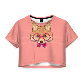 Женская футболка 3D укороченная с принтом Лиса в Санкт-Петербурге, 100% полиэстер | круглая горловина, длина футболки до линии талии, рукава с отворотами | бантик | белый | горошек | жёлтый | коричневый | красный | лиса в очках | оранжевый | очки | розовый | цвет