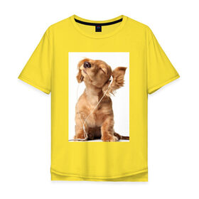 Мужская футболка хлопок Oversize с принтом Щенок в наушниках в Санкт-Петербурге, 100% хлопок | свободный крой, круглый ворот, “спинка” длиннее передней части | мило | щенок