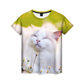 Женская футболка 3D с принтом Белая киса в Санкт-Петербурге, 100% полиэфир ( синтетическое хлопкоподобное полотно) | прямой крой, круглый вырез горловины, длина до линии бедер | cat | киса | котенок | кошка | лето | ромашки | солнце