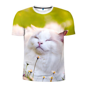 Мужская футболка 3D спортивная с принтом Белая киса в Санкт-Петербурге, 100% полиэстер с улучшенными характеристиками | приталенный силуэт, круглая горловина, широкие плечи, сужается к линии бедра | cat | киса | котенок | кошка | лето | ромашки | солнце