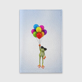 Обложка для паспорта матовая кожа с принтом Лягушка на воздушных шарах в Санкт-Петербурге, натуральная матовая кожа | размер 19,3 х 13,7 см; прозрачные пластиковые крепления | 