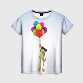 Женская футболка 3D с принтом Лягушка на воздушных шарах в Санкт-Петербурге, 100% полиэфир ( синтетическое хлопкоподобное полотно) | прямой крой, круглый вырез горловины, длина до линии бедер | 