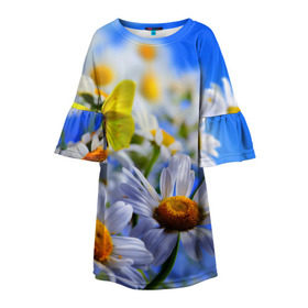 Детское платье 3D с принтом Ромашки и бабочка в Санкт-Петербурге, 100% полиэстер | прямой силуэт, чуть расширенный к низу. Круглая горловина, на рукавах — воланы | бабочки | лето | природа | ромашки | цветы