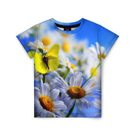 Детская футболка 3D с принтом Ромашки и бабочка в Санкт-Петербурге, 100% гипоаллергенный полиэфир | прямой крой, круглый вырез горловины, длина до линии бедер, чуть спущенное плечо, ткань немного тянется | бабочки | лето | природа | ромашки | цветы