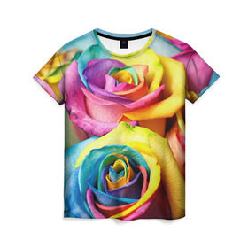 Женская футболка 3D с принтом Цветные розы в Санкт-Петербурге, 100% полиэфир ( синтетическое хлопкоподобное полотно) | прямой крой, круглый вырез горловины, длина до линии бедер | девушкам | розы | цветные | цветы
