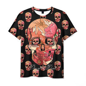 Мужская футболка 3D с принтом Мексиканский череп в Санкт-Петербурге, 100% полиэфир | прямой крой, круглый вырез горловины, длина до линии бедер | день мертвых | мексика | паттерн | традиция | узоры | цветы
