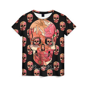 Женская футболка 3D с принтом Мексиканский череп в Санкт-Петербурге, 100% полиэфир ( синтетическое хлопкоподобное полотно) | прямой крой, круглый вырез горловины, длина до линии бедер | день мертвых | мексика | паттерн | традиция | узоры | цветы