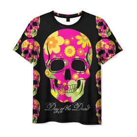 Мужская футболка 3D с принтом Мексиканский череп в Санкт-Петербурге, 100% полиэфир | прямой крой, круглый вырез горловины, длина до линии бедер | день мертвыхэ | мексика | разноцветный | традция | узоры | цветы | яркий