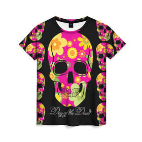 Женская футболка 3D с принтом Мексиканский череп в Санкт-Петербурге, 100% полиэфир ( синтетическое хлопкоподобное полотно) | прямой крой, круглый вырез горловины, длина до линии бедер | день мертвыхэ | мексика | разноцветный | традция | узоры | цветы | яркий