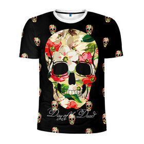 Мужская футболка 3D спортивная с принтом Мексиканский череп в Санкт-Петербурге, 100% полиэстер с улучшенными характеристиками | приталенный силуэт, круглая горловина, широкие плечи, сужается к линии бедра | день мертвых | мексика | паттерн | темный | традция | узоры | цветочный | цветы