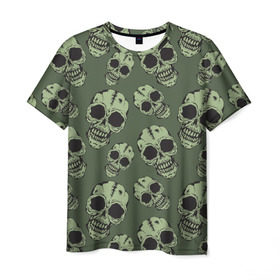 Мужская футболка 3D с принтом Зеленые черепа в Санкт-Петербурге, 100% полиэфир | прямой крой, круглый вырез горловины, длина до линии бедер | болотный | паттерн