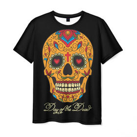 Мужская футболка 3D с принтом Мексиканский череп в Санкт-Петербурге, 100% полиэфир | прямой крой, круглый вырез горловины, длина до линии бедер | день мертвых | мексика | традция | узоры | цветы