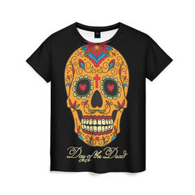 Женская футболка 3D с принтом Мексиканский череп в Санкт-Петербурге, 100% полиэфир ( синтетическое хлопкоподобное полотно) | прямой крой, круглый вырез горловины, длина до линии бедер | день мертвых | мексика | традция | узоры | цветы