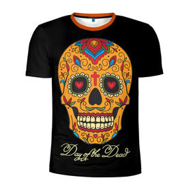 Мужская футболка 3D спортивная с принтом Мексиканский череп в Санкт-Петербурге, 100% полиэстер с улучшенными характеристиками | приталенный силуэт, круглая горловина, широкие плечи, сужается к линии бедра | Тематика изображения на принте: день мертвых | мексика | традция | узоры | цветы