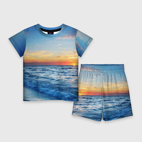 Детский костюм с шортами 3D с принтом Море на закате в Санкт-Петербурге,  |  | волны | закат | море | небо | облака | пейзаж | пляж