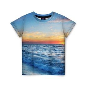 Детская футболка 3D с принтом Море на закате в Санкт-Петербурге, 100% гипоаллергенный полиэфир | прямой крой, круглый вырез горловины, длина до линии бедер, чуть спущенное плечо, ткань немного тянется | волны | закат | море | небо | облака | пейзаж | пляж