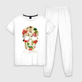 Женская пижама хлопок с принтом Мексиканский череп в Санкт-Петербурге, 100% хлопок | брюки и футболка прямого кроя, без карманов, на брюках мягкая резинка на поясе и по низу штанин | 