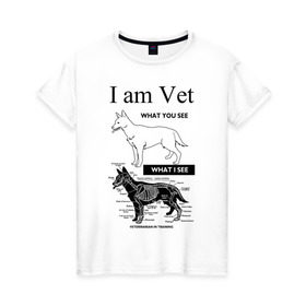 Женская футболка хлопок с принтом I Am Vet в Санкт-Петербурге, 100% хлопок | прямой крой, круглый вырез горловины, длина до линии бедер, слегка спущенное плечо | ветеринар | ветеринарный врач | кошки | скелет | собаки