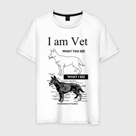 Мужская футболка хлопок с принтом I Am Vet в Санкт-Петербурге, 100% хлопок | прямой крой, круглый вырез горловины, длина до линии бедер, слегка спущенное плечо. | ветеринар | ветеринарный врач | кошки | скелет | собаки