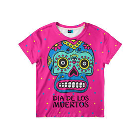 Детская футболка 3D с принтом Мексиканский череп в Санкт-Петербурге, 100% гипоаллергенный полиэфир | прямой крой, круглый вырез горловины, длина до линии бедер, чуть спущенное плечо, ткань немного тянется | Тематика изображения на принте: день мертвыхб сахарный череп | мексика | традиция | узоры | цветы