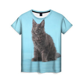 Женская футболка 3D с принтом Кот мейн кун в Санкт-Петербурге, 100% полиэфир ( синтетическое хлопкоподобное полотно) | прямой крой, круглый вырез горловины, длина до линии бедер | котенок | мейнкун