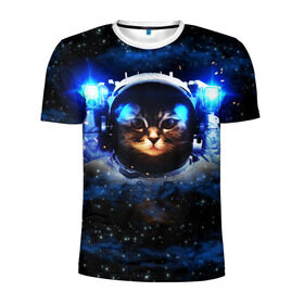 Мужская футболка 3D спортивная с принтом Кот космонавт в Санкт-Петербурге, 100% полиэстер с улучшенными характеристиками | приталенный силуэт, круглая горловина, широкие плечи, сужается к линии бедра | звёздное небо | космос | кот | кошка | прикольные картинки