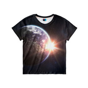 Детская футболка 3D с принтом Космический свет в Санкт-Петербурге, 100% гипоаллергенный полиэфир | прямой крой, круглый вырез горловины, длина до линии бедер, чуть спущенное плечо, ткань немного тянется | вселенная | галактика | земля | солнце