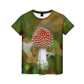 Женская футболка 3D с принтом Мухоморчик в Санкт-Петербурге, 100% полиэфир ( синтетическое хлопкоподобное полотно) | прямой крой, круглый вырез горловины, длина до линии бедер | гриб | камуфляж | лес | мухомор | поганка | яд | ядовитый