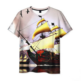 Мужская футболка 3D с принтом Фрегат в Санкт-Петербурге, 100% полиэфир | прямой крой, круглый вырез горловины, длина до линии бедер | вмф | исторический | корабль | море | океан | парусник