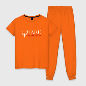 Женская пижама хлопок с принтом Quake Champions в Санкт-Петербурге, 100% хлопок | брюки и футболка прямого кроя, без карманов, на брюках мягкая резинка на поясе и по низу штанин | q1 | q2 | q3 | quake | квейк