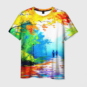 Мужская футболка 3D с принтом Прогулка в Санкт-Петербурге, 100% полиэфир | прямой крой, круглый вырез горловины, длина до линии бедер | желтая листва | живопись | зелень | картина | осень | природа | рисунок | солнце