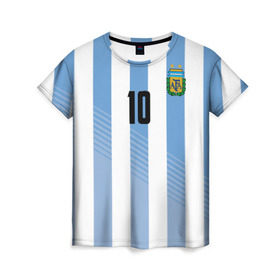 Женская футболка 3D с принтом Месси (сборная Аргентины) в Санкт-Петербурге, 100% полиэфир ( синтетическое хлопкоподобное полотно) | прямой крой, круглый вырез горловины, длина до линии бедер | Тематика изображения на принте: barcelona | lionel | messi | аргентина | барселона | кубок | лионель | мира | сборная | футбол