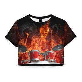 Женская футболка 3D укороченная с принтом Огненный скелет в Санкт-Петербурге, 100% полиэстер | круглая горловина, длина футболки до линии талии, рукава с отворотами | арт | дум | иллюзия | краска | лучи | огонь | пламя | прикольные | свет | текстуры
