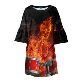 Детское платье 3D с принтом Огненный скелет в Санкт-Петербурге, 100% полиэстер | прямой силуэт, чуть расширенный к низу. Круглая горловина, на рукавах — воланы | арт | дум | иллюзия | краска | лучи | огонь | пламя | прикольные | свет | текстуры