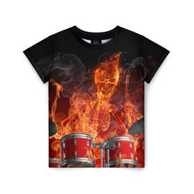 Детская футболка 3D с принтом Огненный скелет в Санкт-Петербурге, 100% гипоаллергенный полиэфир | прямой крой, круглый вырез горловины, длина до линии бедер, чуть спущенное плечо, ткань немного тянется | арт | дум | иллюзия | краска | лучи | огонь | пламя | прикольные | свет | текстуры