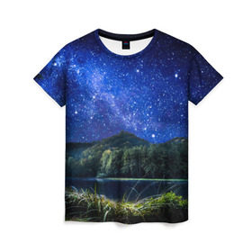 Женская футболка 3D с принтом Звездная ночь в Санкт-Петербурге, 100% полиэфир ( синтетическое хлопкоподобное полотно) | прямой крой, круглый вырез горловины, длина до линии бедер | галактика | горы | звезды | космос | лес | ночь | озеро | сосны | тайга