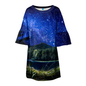 Детское платье 3D с принтом Звездная ночь в Санкт-Петербурге, 100% полиэстер | прямой силуэт, чуть расширенный к низу. Круглая горловина, на рукавах — воланы | галактика | горы | звезды | космос | лес | ночь | озеро | сосны | тайга
