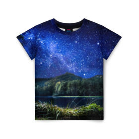 Детская футболка 3D с принтом Звездная ночь в Санкт-Петербурге, 100% гипоаллергенный полиэфир | прямой крой, круглый вырез горловины, длина до линии бедер, чуть спущенное плечо, ткань немного тянется | галактика | горы | звезды | космос | лес | ночь | озеро | сосны | тайга