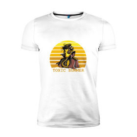 Мужская футболка премиум с принтом Toxic Summer в Санкт-Петербурге, 92% хлопок, 8% лайкра | приталенный силуэт, круглый вырез ворота, длина до линии бедра, короткий рукав | Тематика изображения на принте: газ | желтый | кислота | опасно | рисунок | солнце | токсично | человек