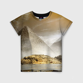 Детская футболка 3D с принтом Egypt в Санкт-Петербурге, 100% гипоаллергенный полиэфир | прямой крой, круглый вырез горловины, длина до линии бедер, чуть спущенное плечо, ткань немного тянется | Тематика изображения на принте: egypt | египет | закат | золото | клеопатра | мумия | песок | пирамиды | пустыня | солнце