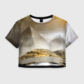 Женская футболка 3D укороченная с принтом Egypt в Санкт-Петербурге, 100% полиэстер | круглая горловина, длина футболки до линии талии, рукава с отворотами | egypt | египет | закат | золото | клеопатра | мумия | песок | пирамиды | пустыня | солнце