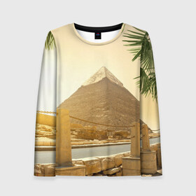 Женский лонгслив 3D с принтом Egypt в Санкт-Петербурге, 100% полиэстер | длинные рукава, круглый вырез горловины, полуприлегающий силуэт | egypt | египет | закат | золото | клеопатра | мумия | песок | пирамиды | пустыня | солнце